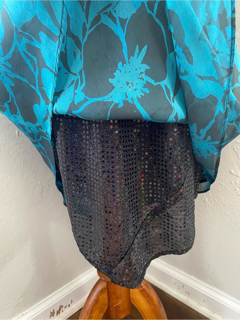 Vtg Whimsigoth Teal Black Floral Sequin Lined MIDI Dress Grunge Fairy Wedding 10 - Picture 6 of 11